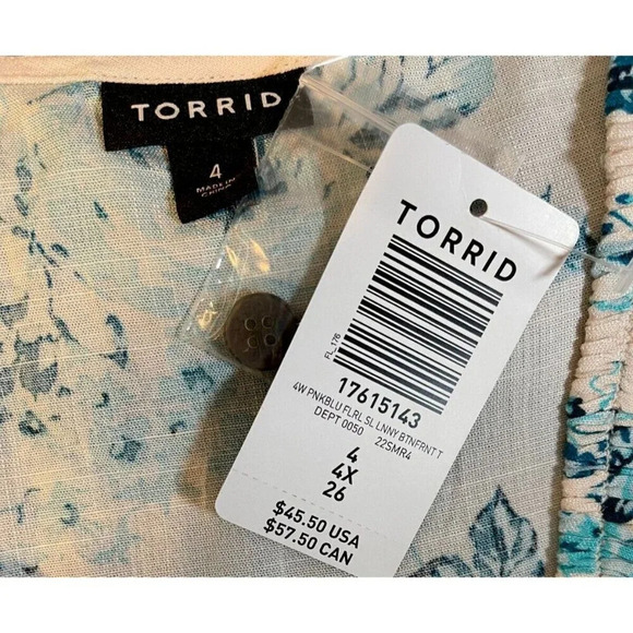 Torrid + 4 Blue Floral Scoop Neck Button Detail Curved Hem Sleeveless Blouse - Picture 7 of 7